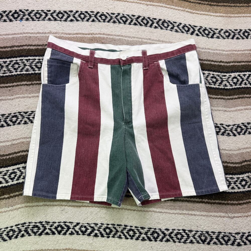 Women's Vintage 80's Red White Green Blue Striped Denim Shorts Jorts Sz 36 x 7
